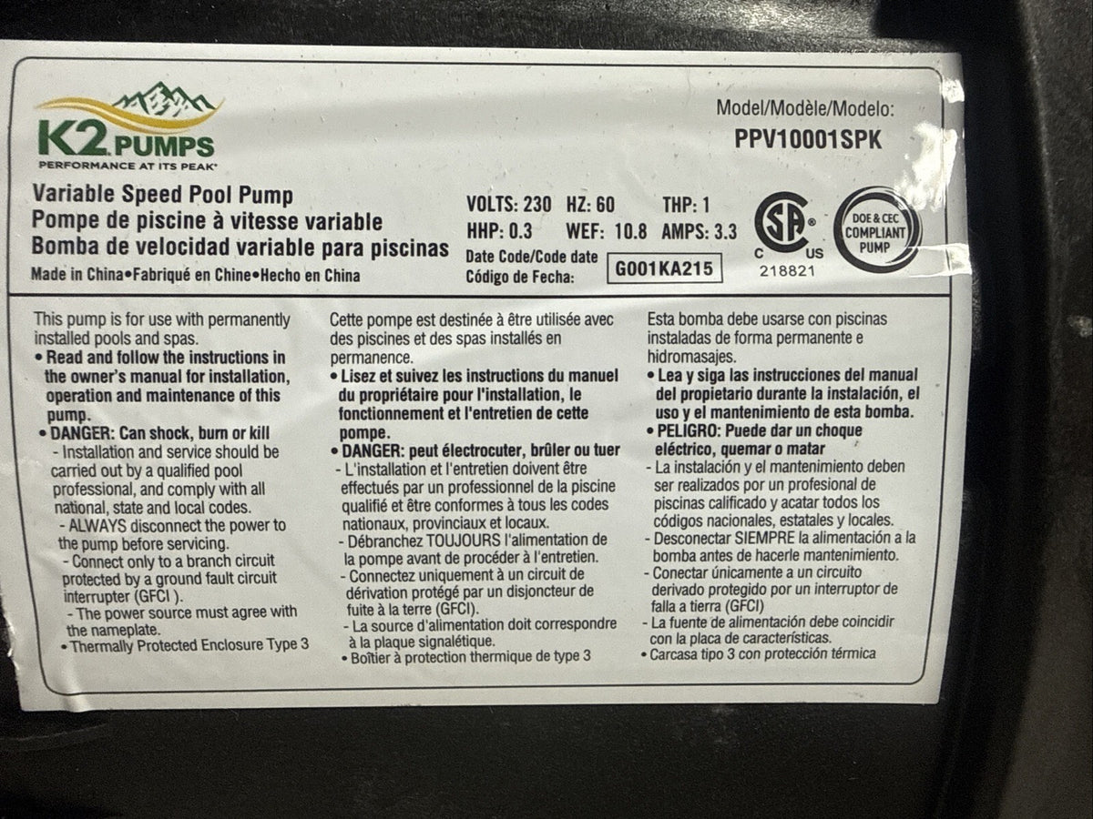 K2 Pumps Pool Pump 1 Hp Variable Speed 230 Volt Doe & Cec Compliant New Open Box