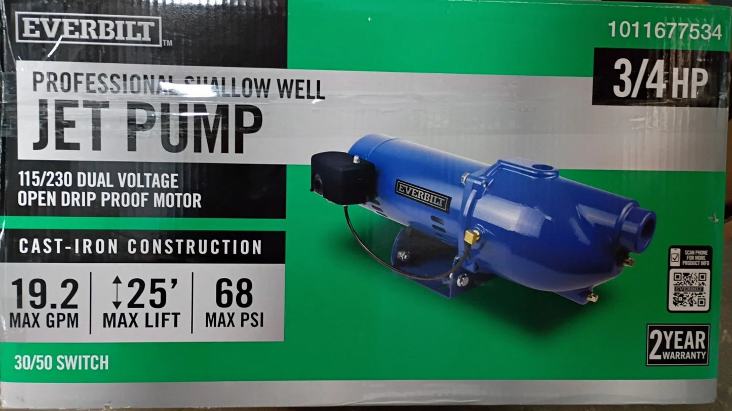 Everbilt 3/4 HP Cast Iron Shallow Well Jet Pump HDSWJ7 as is, For Parts