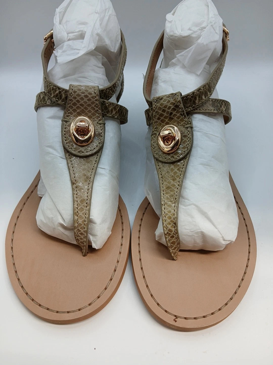 Coach Ingrid Snake Print T-Strap Wedge Sandals Natural Size 7