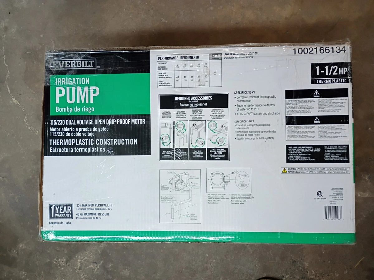 Everbilt HDLS15P, Lawn Irrigation Pump Plastic 1-1/2HP, 52 GPM **PARTS ONLY**