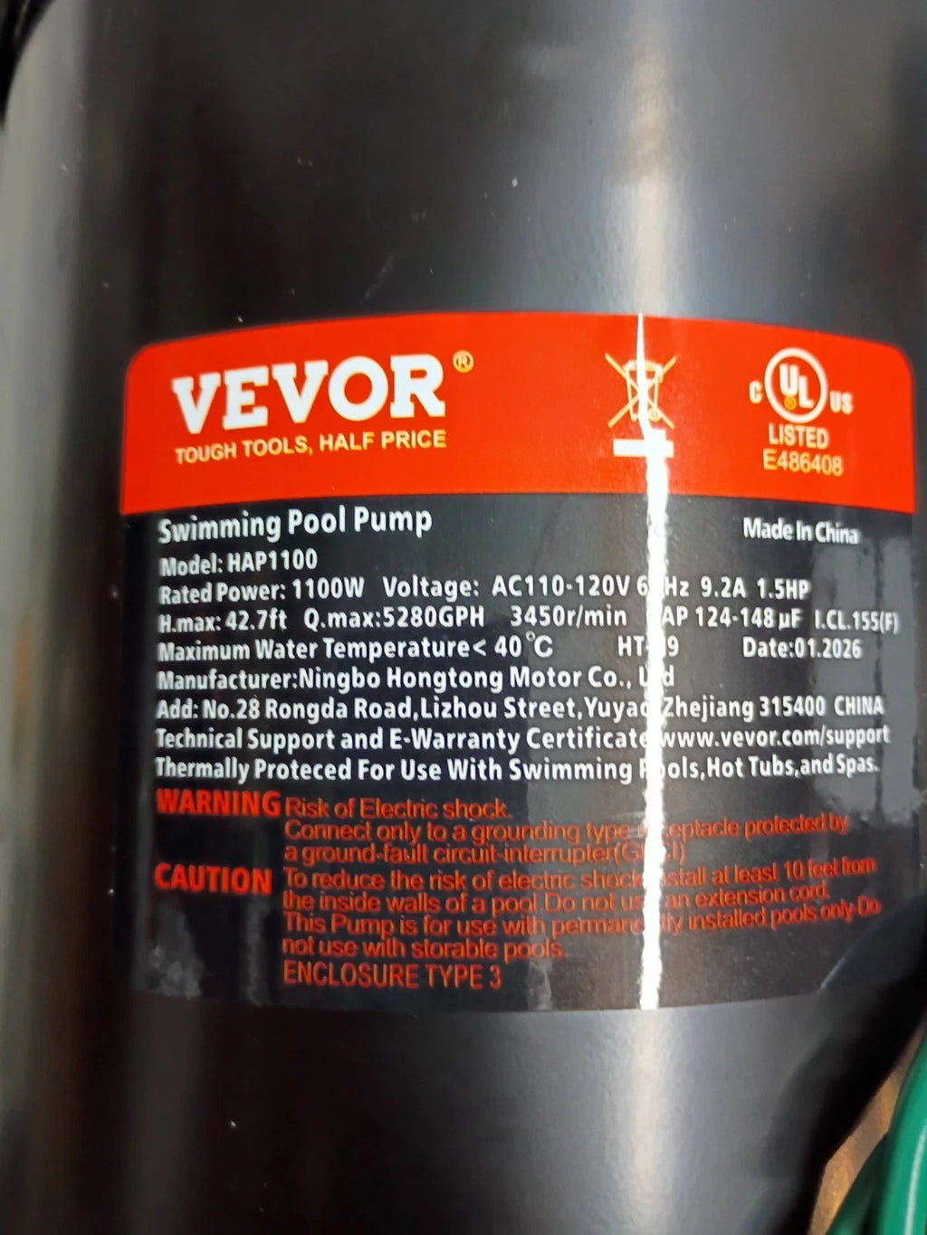 Vevor 1.5HP Swimming Pool Pump 1.5" Strainer Basket HAP1100 OPEN BOX