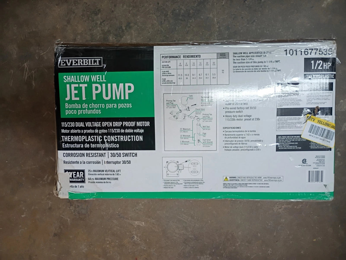Everbilt HDSWH5P 1/2 HP Plastic Shallow Well Jet Pump New Open Box