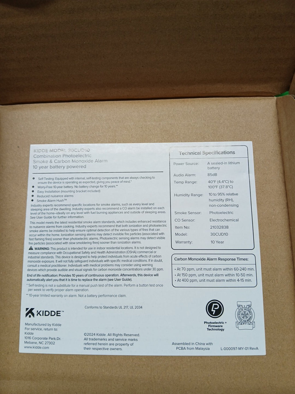 Kidde Smoke & CO Detector, 10-Year Battery, LED Warning Indicators 30CUD10$
