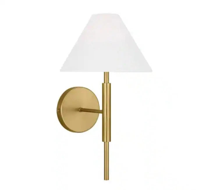 Porteau 1-light Satin Brass Wall Sconce with White Linen Fabric Shade Open Box