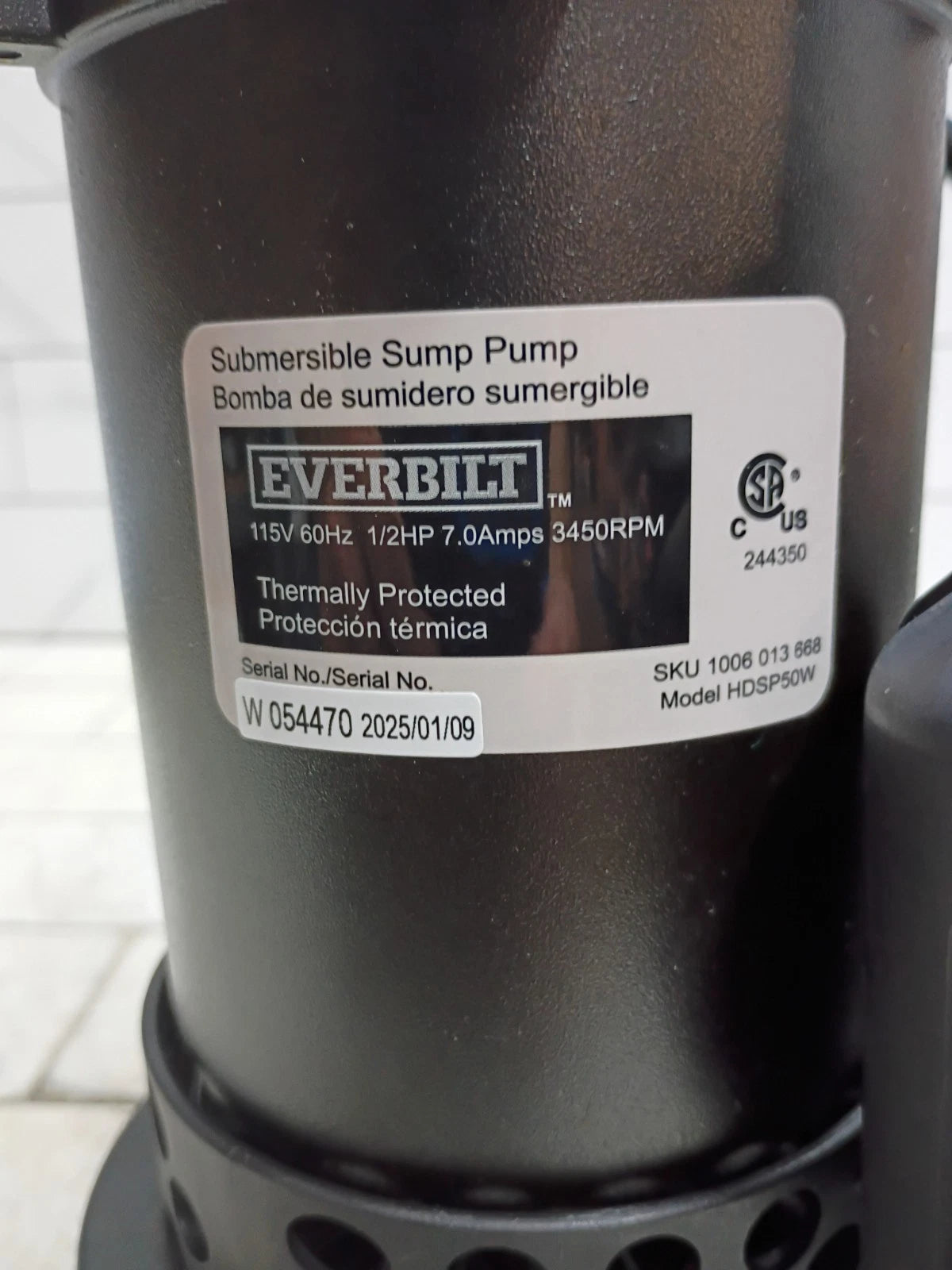 Everbilt HDSP50W 1/2 HP Submersible Aluminum Sump Pump with Tethered Switch, OB