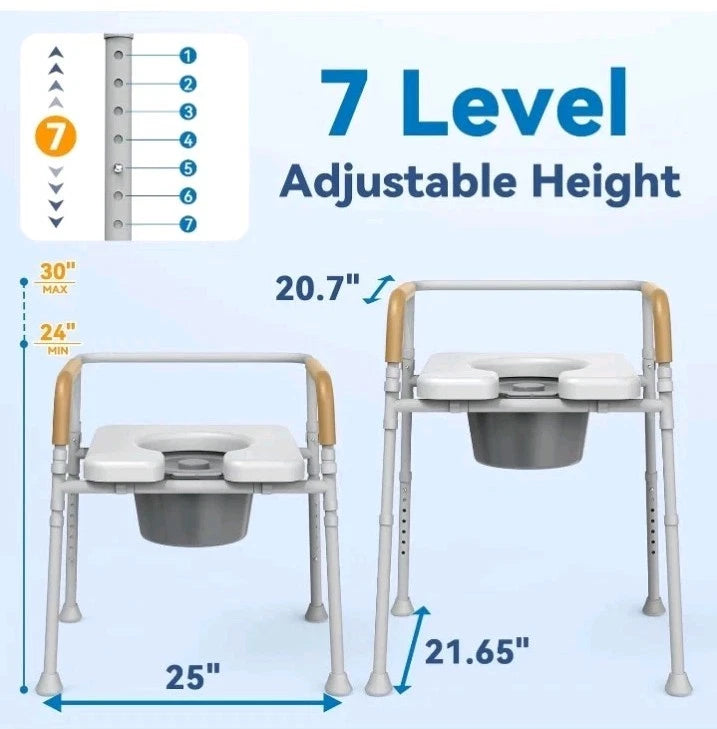 3-in-1 Bedside Commode Chair for Seniors – Adjustable Height, Easy Clean. OB