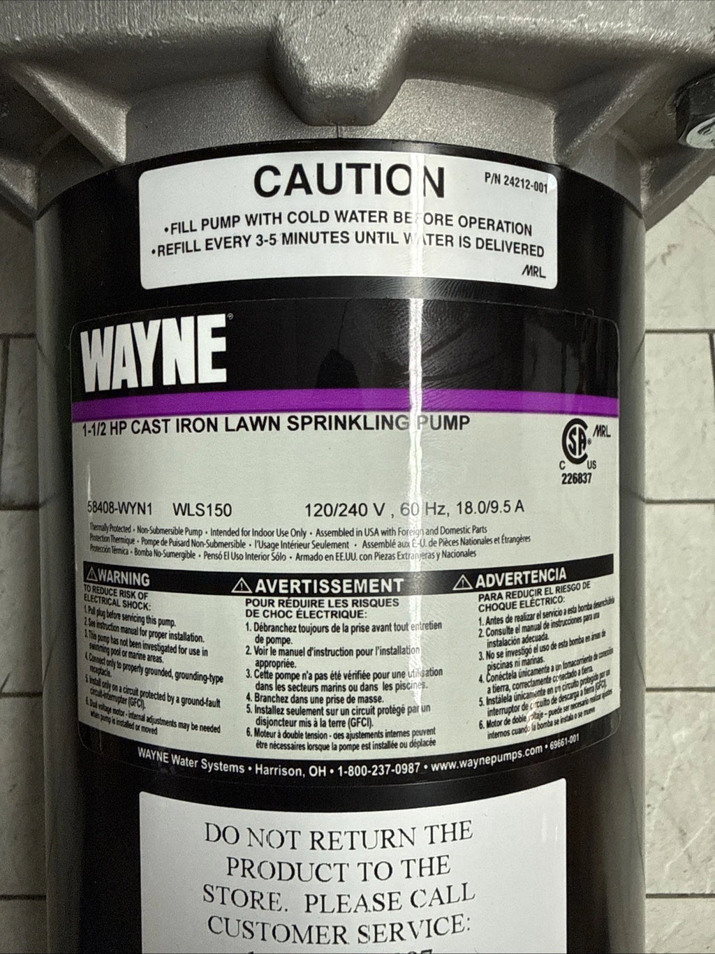 Wayne WLS150 1-1/2 HP Cast Iron Quick-Prime Lawn-irrigation Sprinkler Pump. NOB