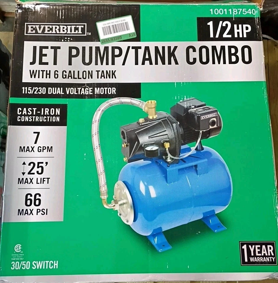 Everbilt 1/2HP Jet Pump/Tank Combo Cast iron with 6 Gallon Tank New Open box