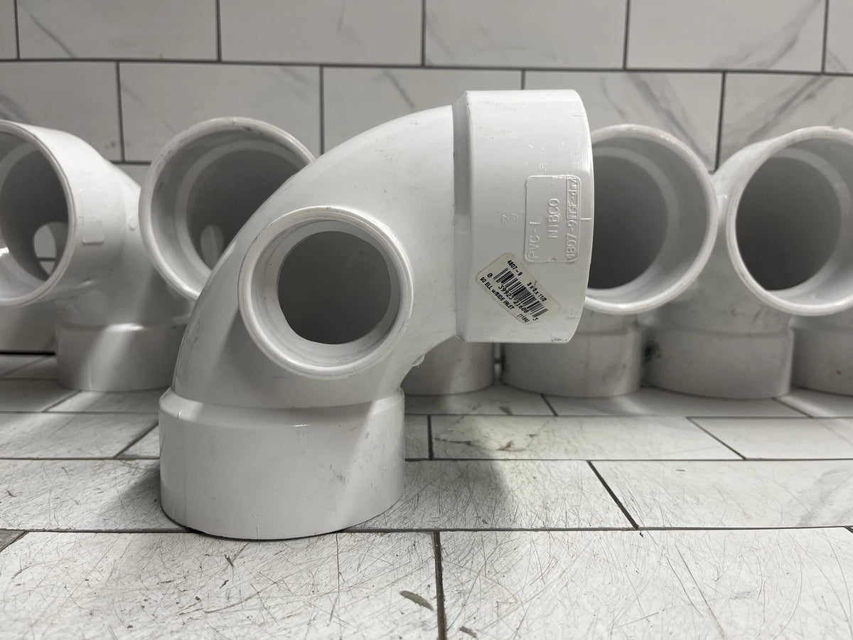 7pk- NIBCO K068300 3” x 3” x 1-1/2" PVC DWV 90° Hub Side Inlet Elbow Fitting