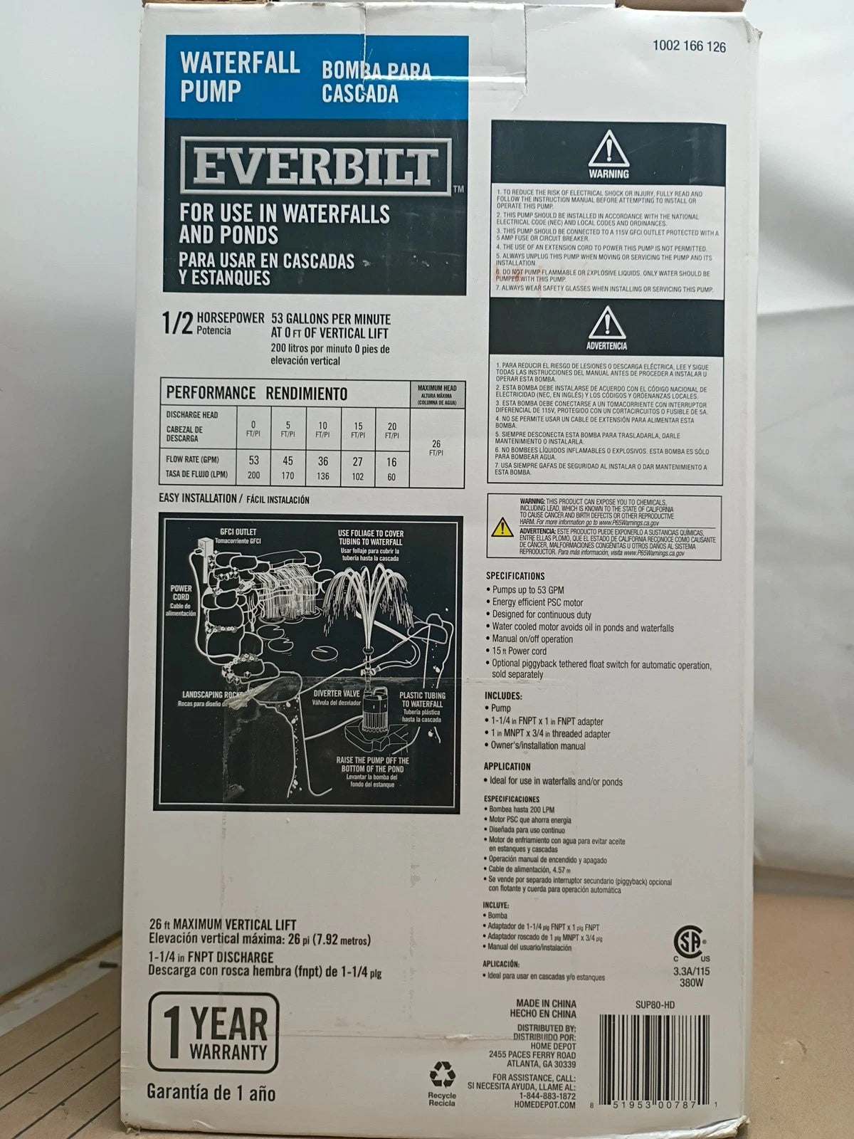 EVERBILT Waterfall & Pond Pump 1/2 HP 53 GPM 26 Ft Max Vertical Lift SUP80-HD.