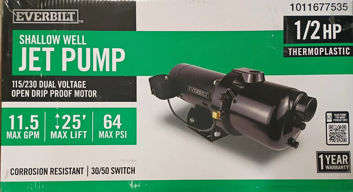 HDSWJ5P Everbilt 1/2 HP Plastic Shallow Well Jet Pump OPEN BOX