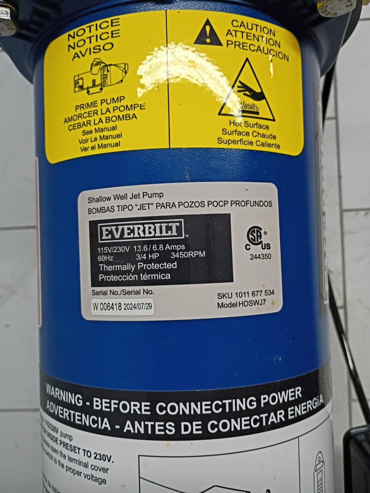 Everbilt HDSWJ7 3/4 HP Cast Iron Shallow Well Jet Pump FOR PARTS
