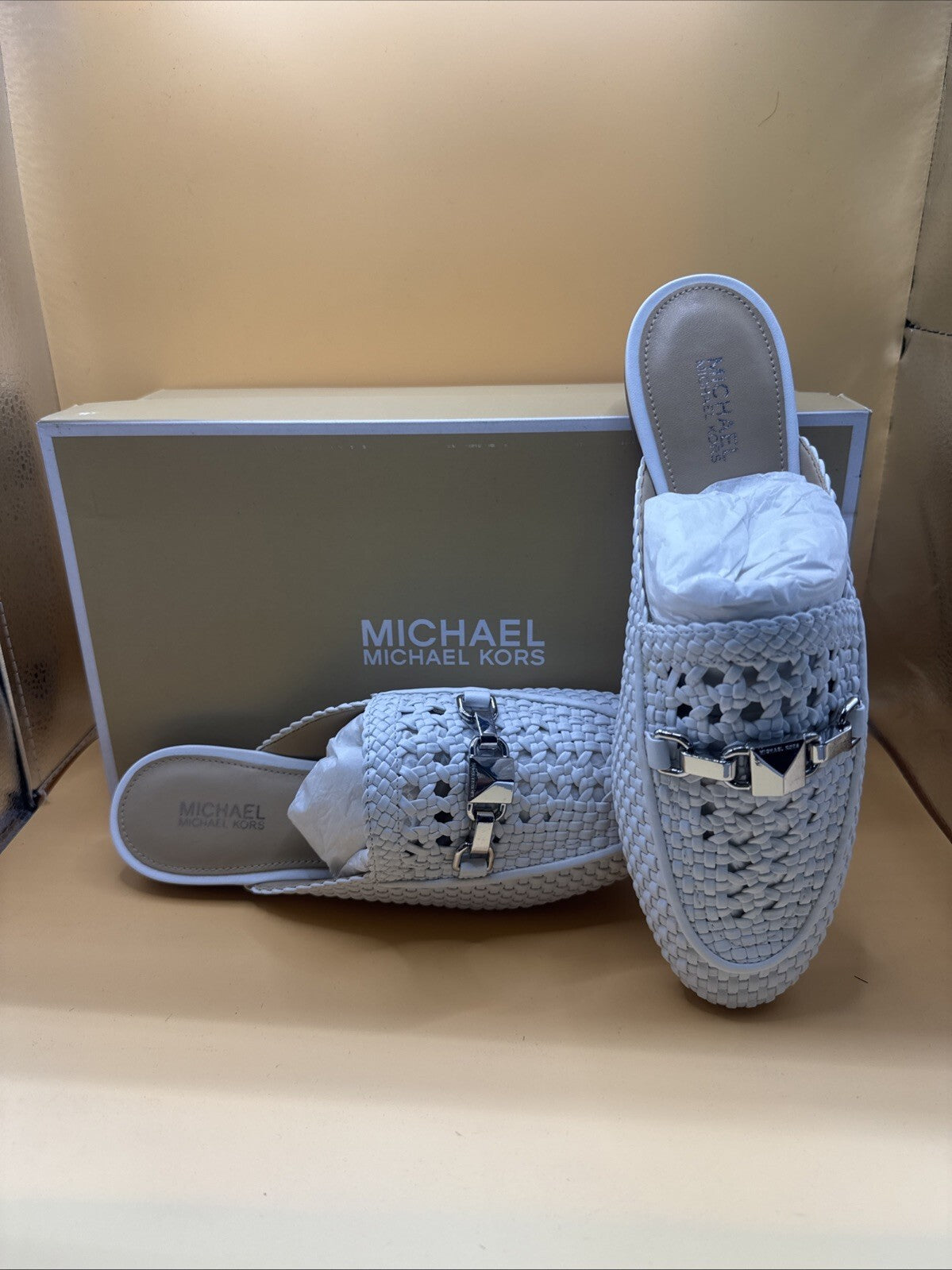 Michael Kors Napa Charlton Slide Mules Woven White Buckle Loafers Women US 5M