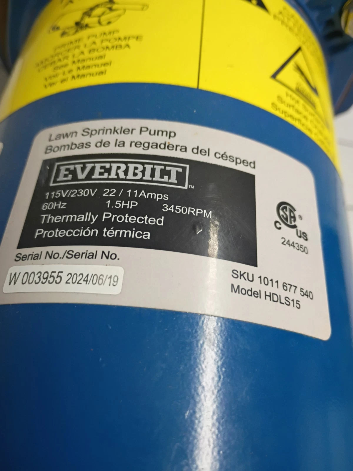 Everbilt HDLS15, 1-1/2 HP Cast Iron Lawn Irrigation Pump PARTS ONLY