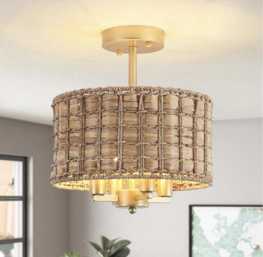 ETONIMERR Scrow 4-light 12 In. Gold Bohemian Drum Pendant Light With Hand Wov…