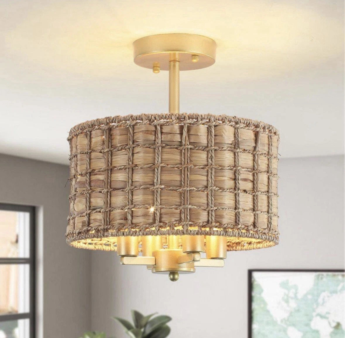 ETONIMERR Scrow 4-light 12 In. Gold Bohemian Drum Pendant Light With Hand Wov…