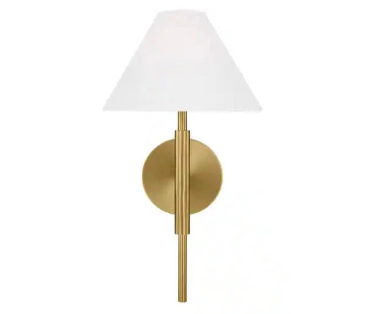 Porteau 1-light Satin Brass Wall Sconce with White Linen Fabric Shade Open Box