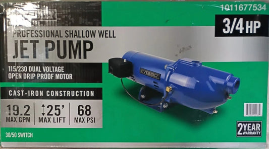 Everbilt 3/4 HP Cast Iron Shallow Well Jet Pump HDSWJ7 as is, For Parts