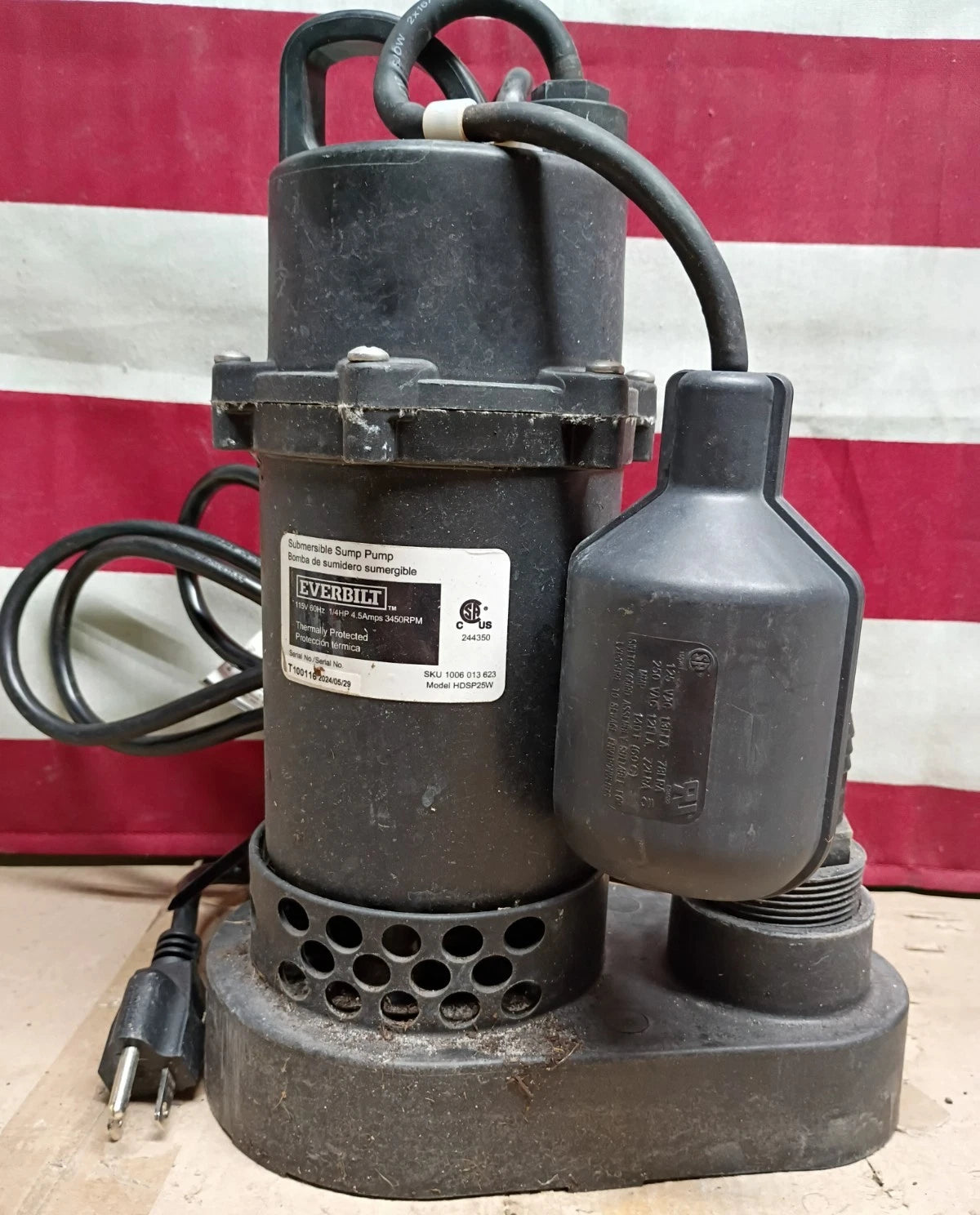 Everbilt 1/4 HP Aluminum Sump Pump w/ Tether Float Switch HDSP25W Used Read