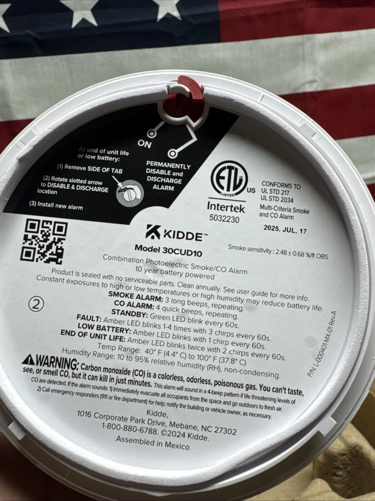 Kidde Smoke & CO Detector, 10-Year Battery, LED Warning Indicators 30CUD10^
