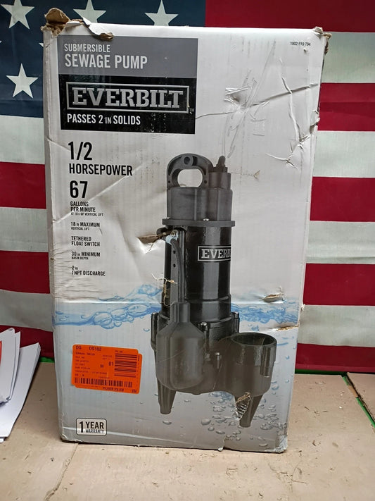 Everbilt (HDRSW50) 1/2 HP Submersible Sewage Ejector Pump Open Box,