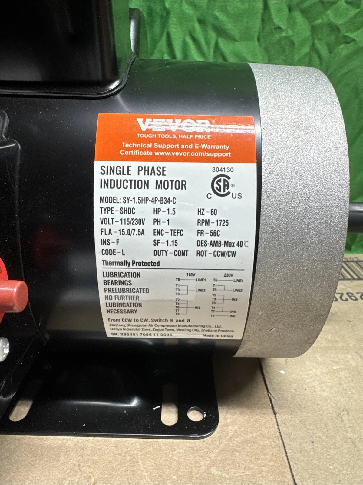 VEVOR 1.5HP Electric Motor 3450 rpm AC 115V/230V 56 Frame Air Compressor Motor