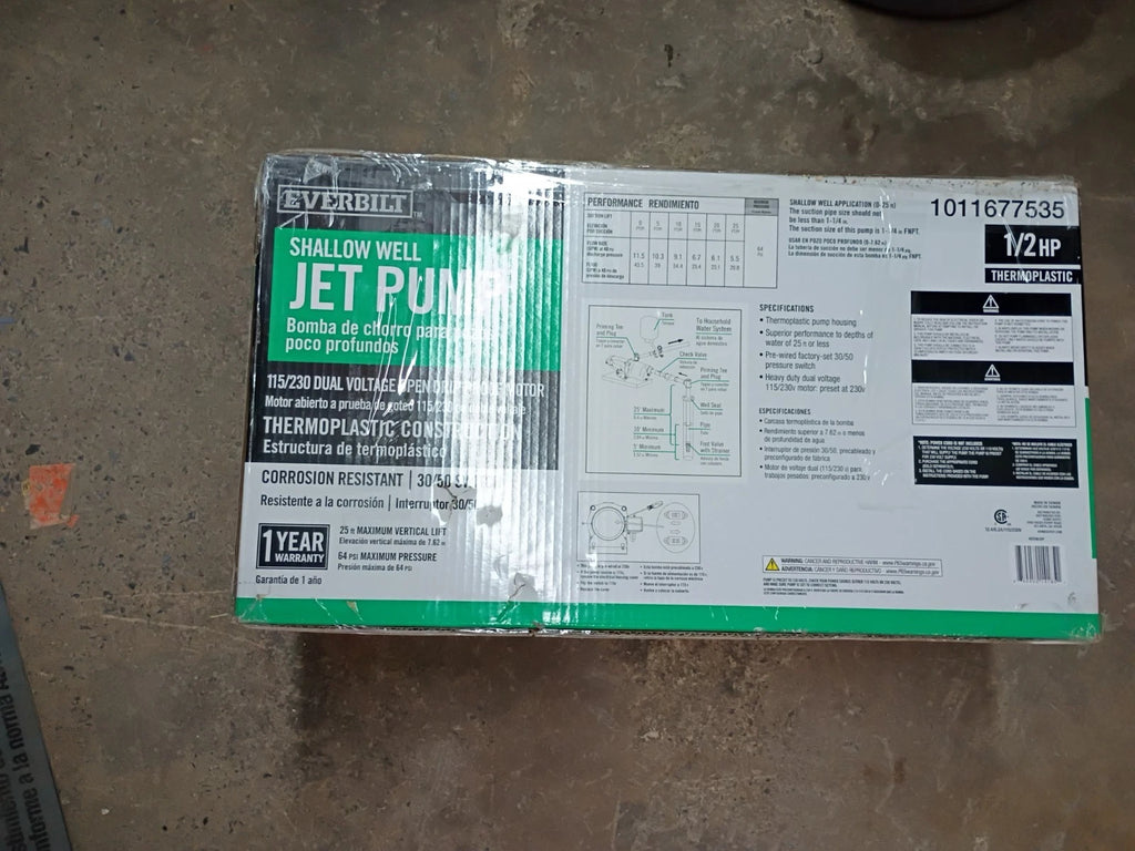 Everbilt HDSWH5P 1/2 HP Plastic Shallow Well Jet Pump New Open Box