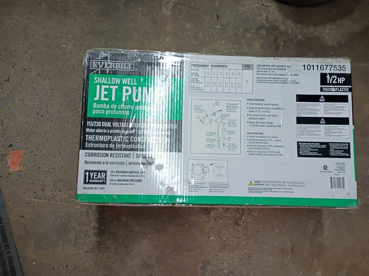 Everbilt HDSWH5P 1/2 HP Plastic Shallow Well Jet Pump New Open Box