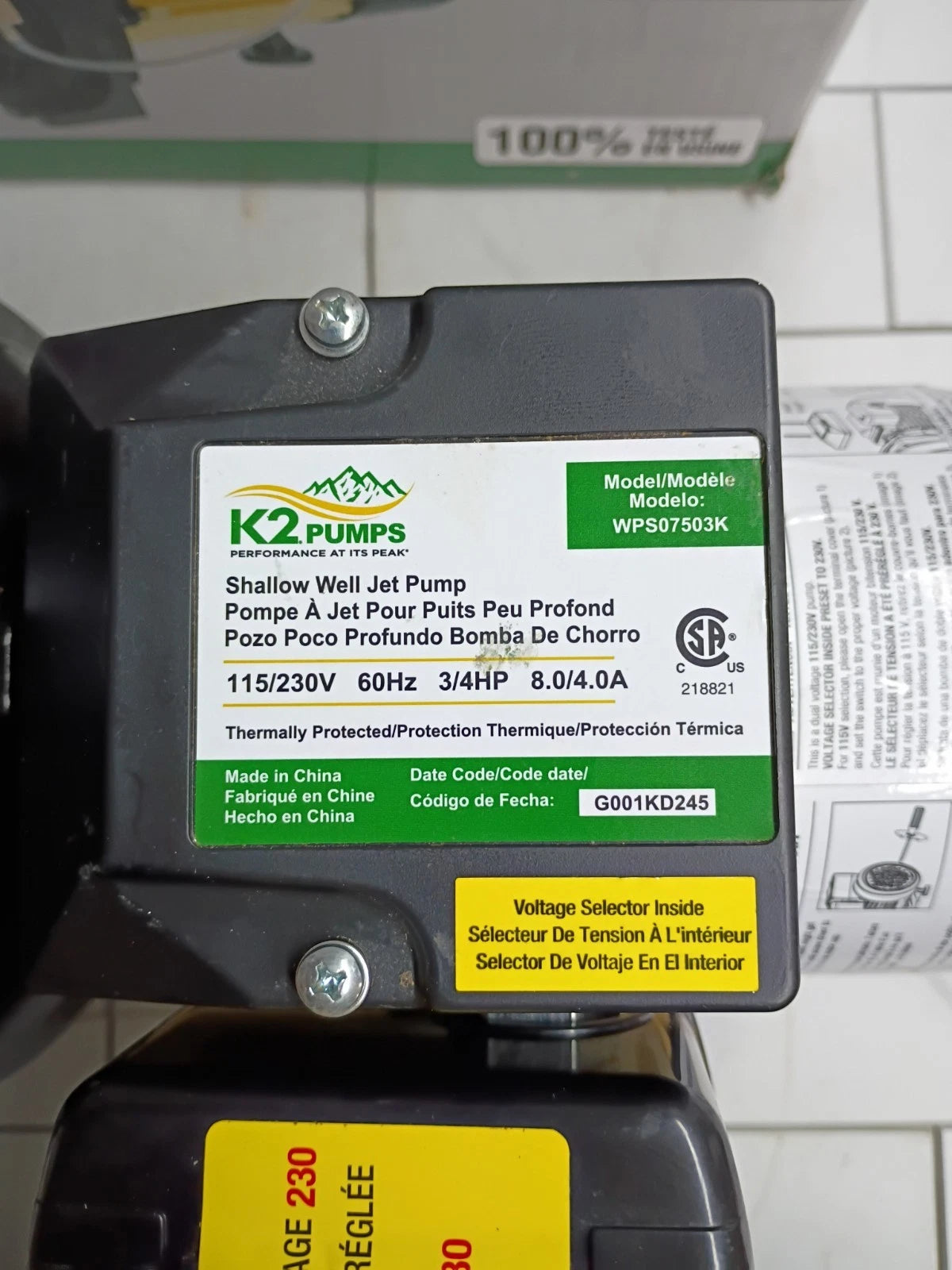 K2 Pumps WPS07503K Shallow Well Jet Pump 3/4 Hp Lead Free Thermoplastic FOR PART
