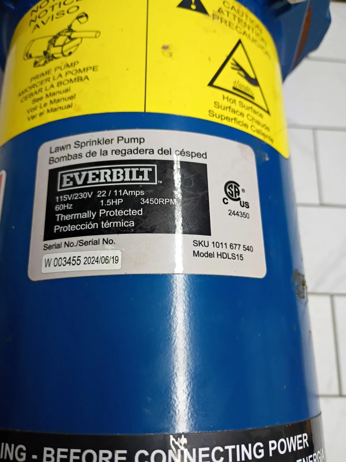 Everbilt HDLS15, 1-1/2 HP Cast Iron Lawn Irrigation Pump PARTS ONLY
