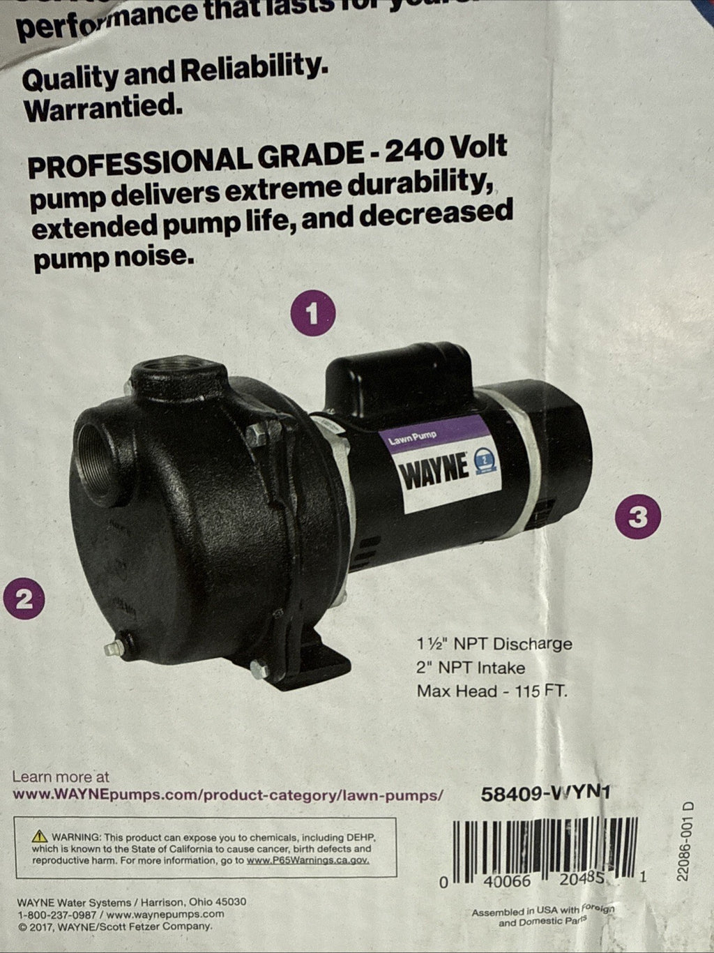 Wayne 58409-WYN1, 2 HP Permanent Lawn Irrigation Sprinkler Pump Open Box,