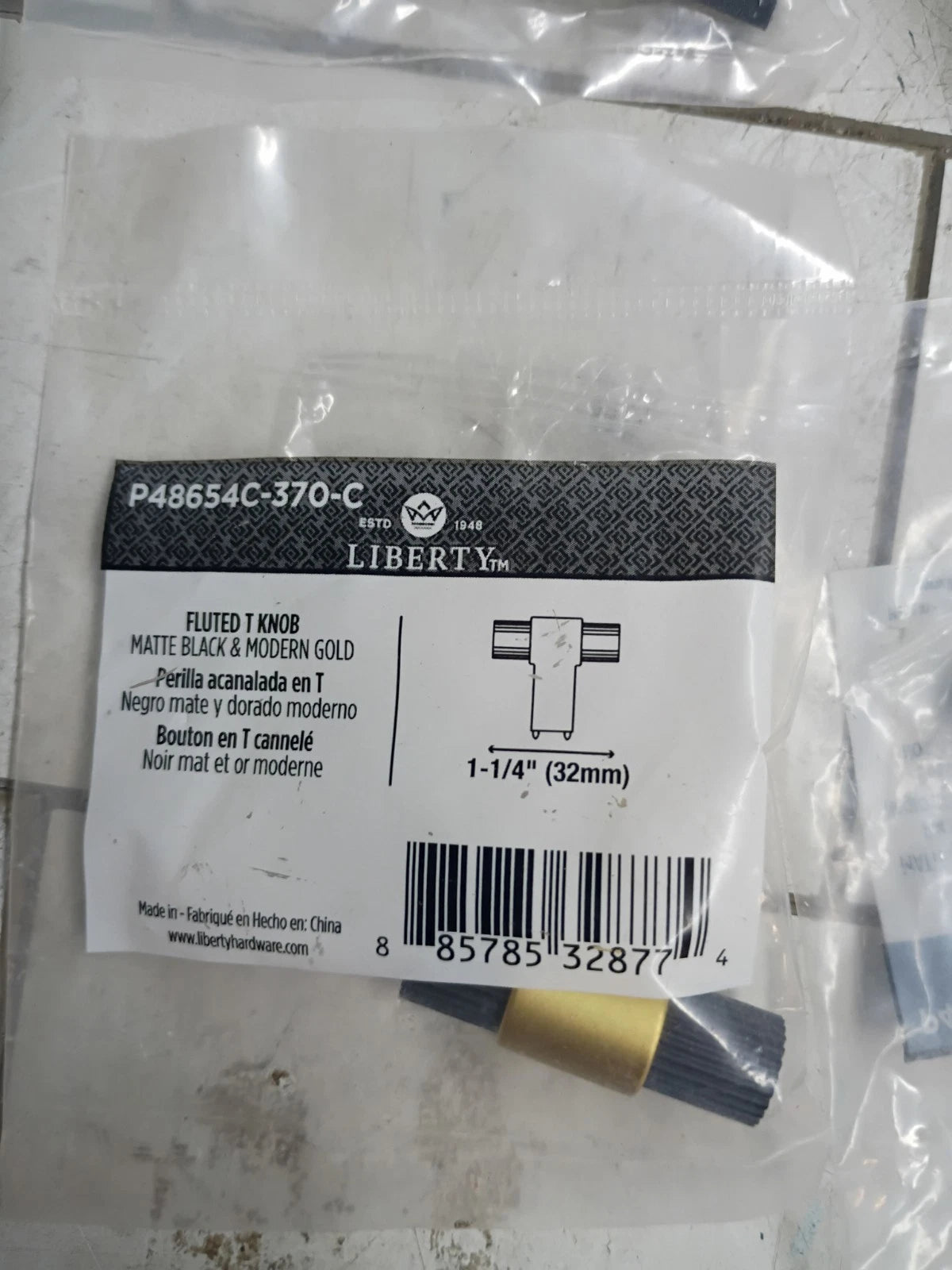 11pk Liberty Fluted 1-1/4" Matte Black and Modern Gold T-Knob Cabinet Knob. OB