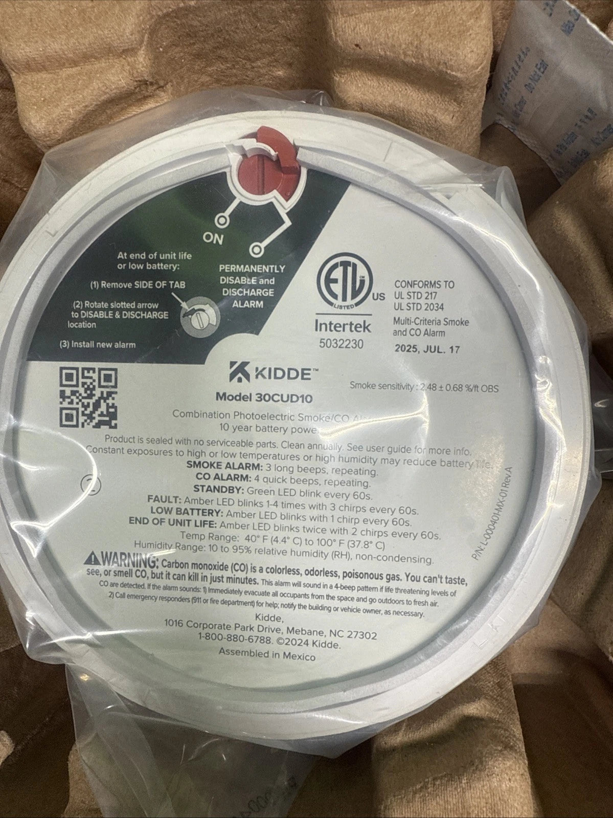 Kidde Smoke & CO Detector, 10-Year Battery, LED Warning Indicators 30CUD10. 2025