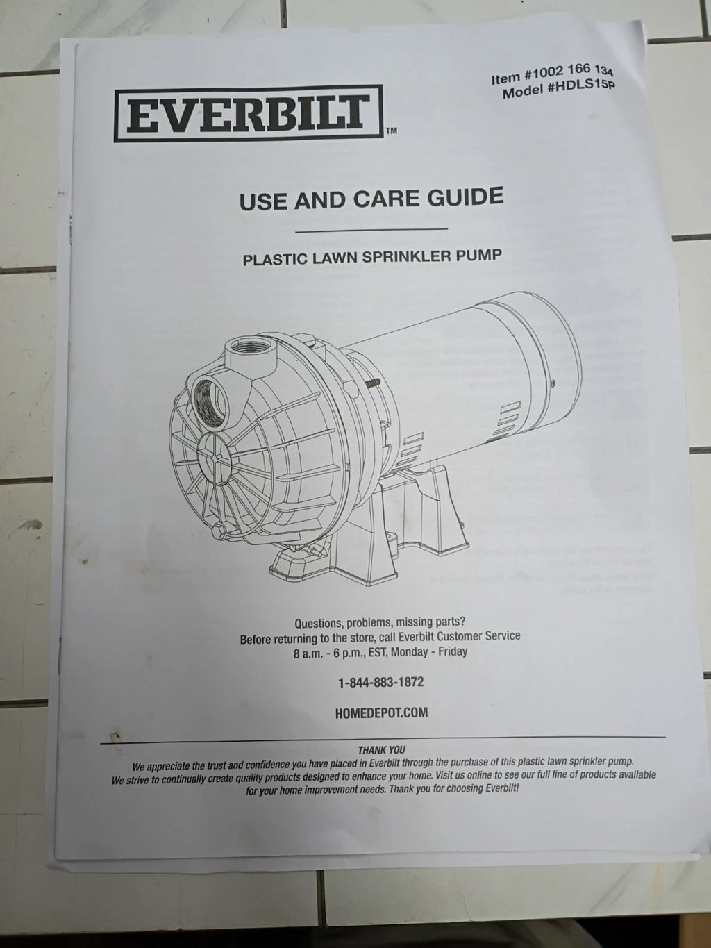 Everbilt HDLS15P, Lawn Irrigation Pump Plastic 1-1/2HP, 52 GPM **PARTS ONLY**