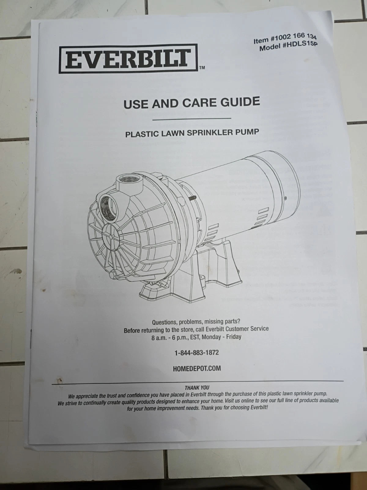 Everbilt HDLS15P, Lawn Irrigation Pump Plastic 1-1/2HP, 52 GPM **PARTS ONLY**