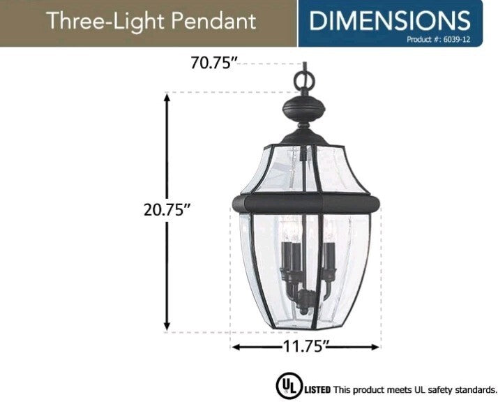 Sea Gull Lighting 6039-12 Lancaster Traditional Three - Light Outdoor Pendant OB