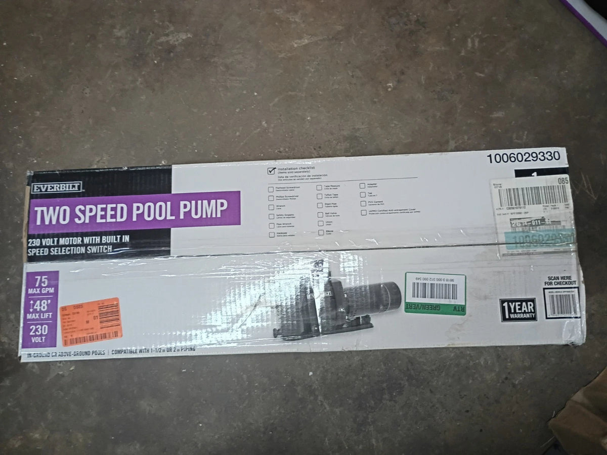 Everbilt SPP10002-2SP 1 HP Pool Pump 2 Speed 230V New Open Box **NO UNIONS**