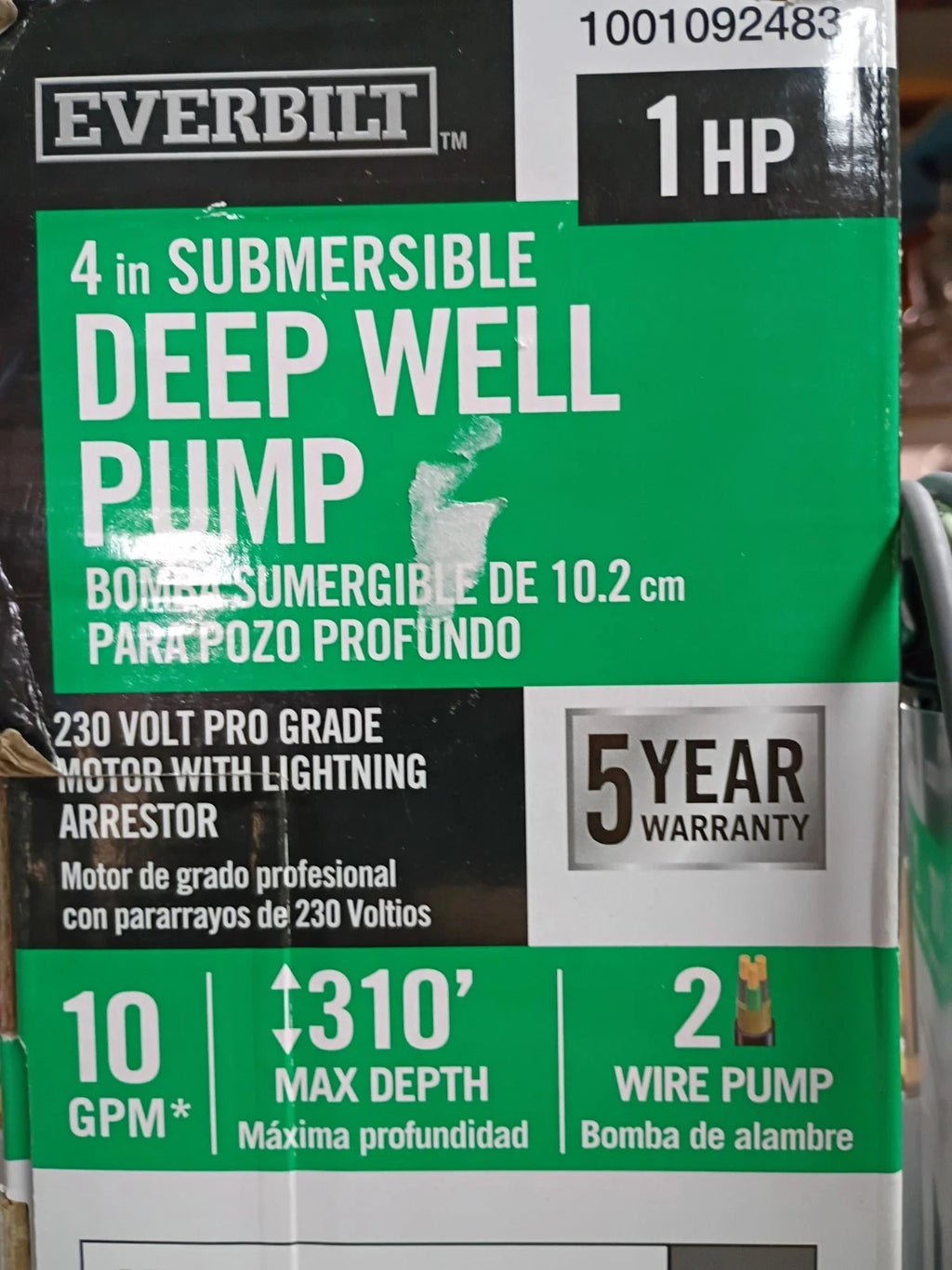 EVERBILT 1 HP HDSUB10-102 Deep Well Pump 4” Submersible 10 GPM 2 Wire 310’ OB