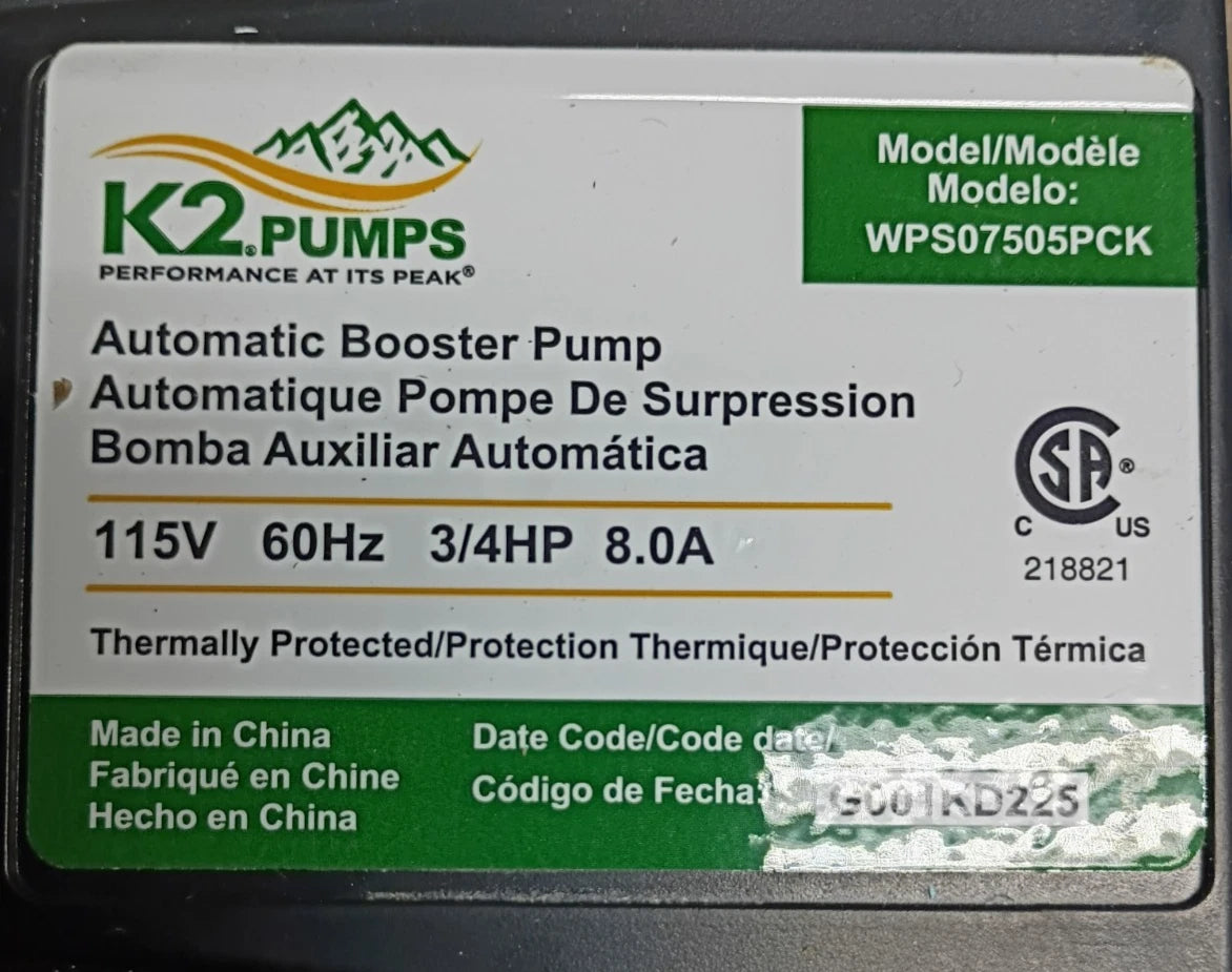 K2 Pumps Automatic Booster Pump 3/4 Hp Lead Free Stainless Steel 115V For Parts