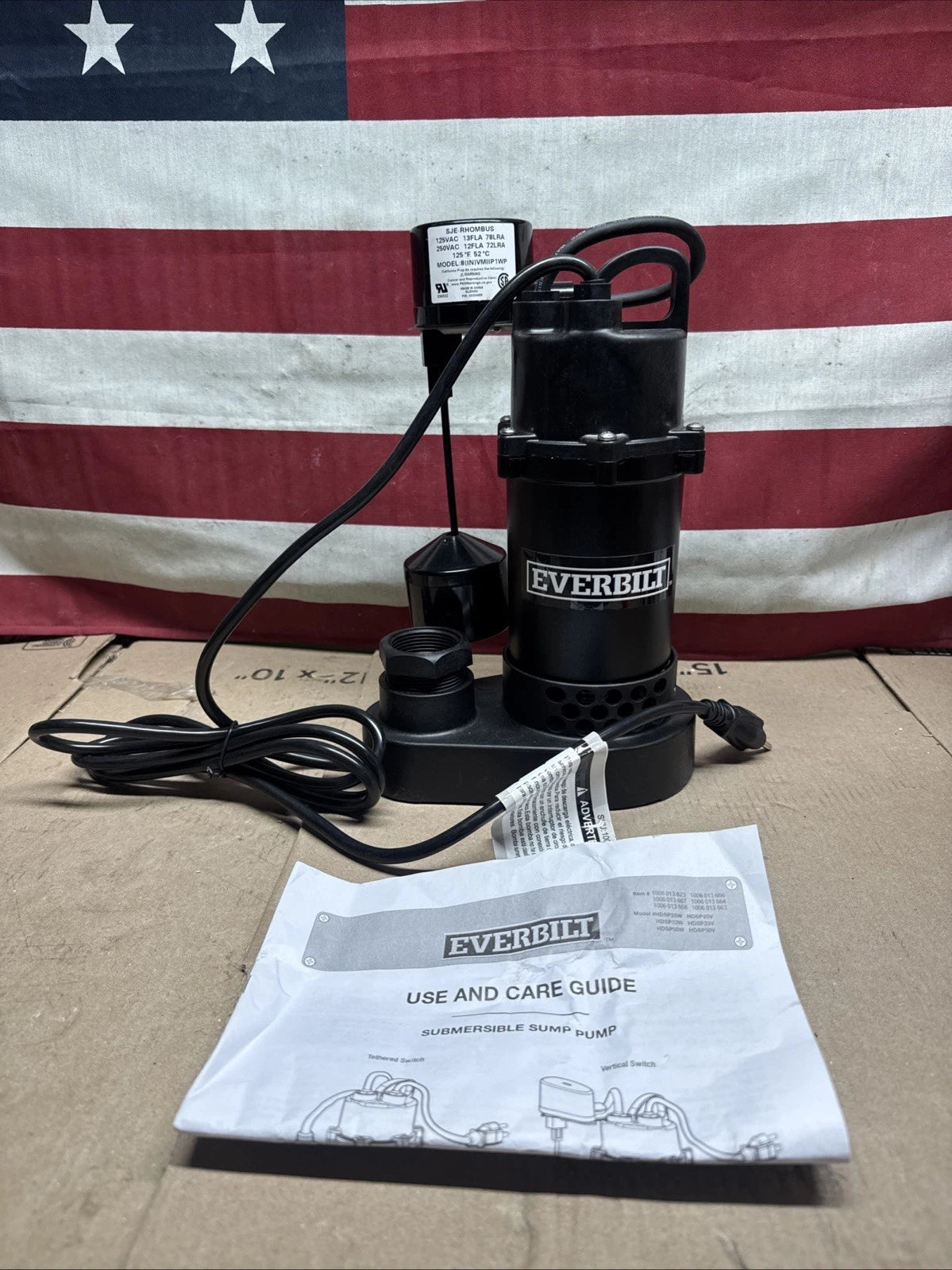 Everbilt HDSP25V 1/4 HP Aluminum Submersible Sump Pump Vertical Switch Open Box.