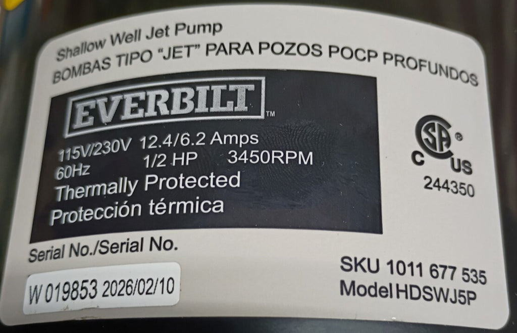 HDSWJ5P Everbilt 1/2 HP Plastic Shallow Well Jet Pump OPEN BOX