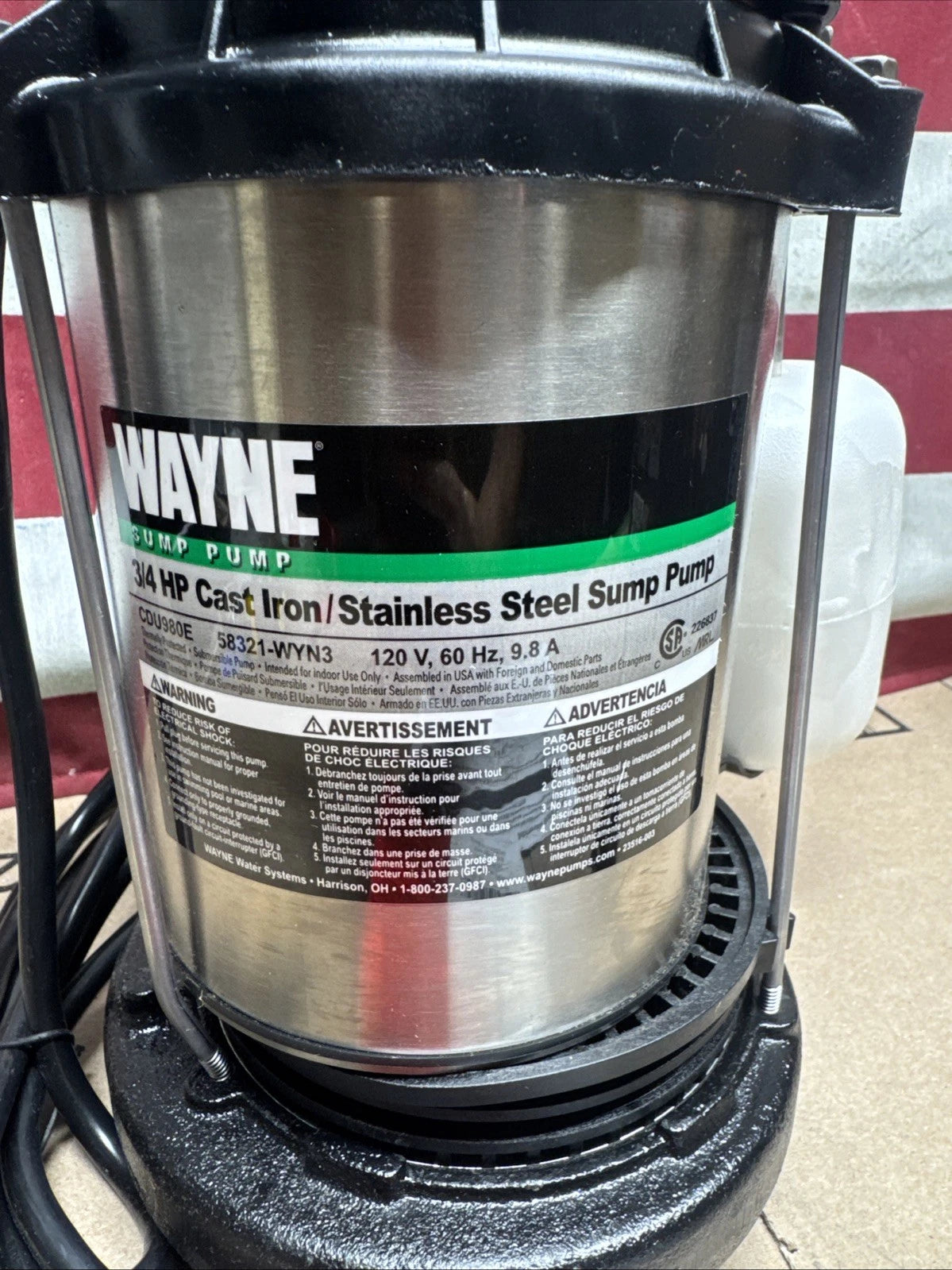 Wayne 3/4 HP Corrosion Resistant Submersible Sump Pump 5490 GPH 15 PSI CDU980E