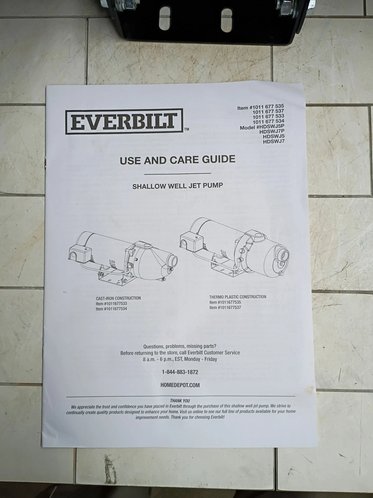 Everbilt HDSWJ5P 1/2 HP Plastic Shallow Well Jet Pump, USED, READ
