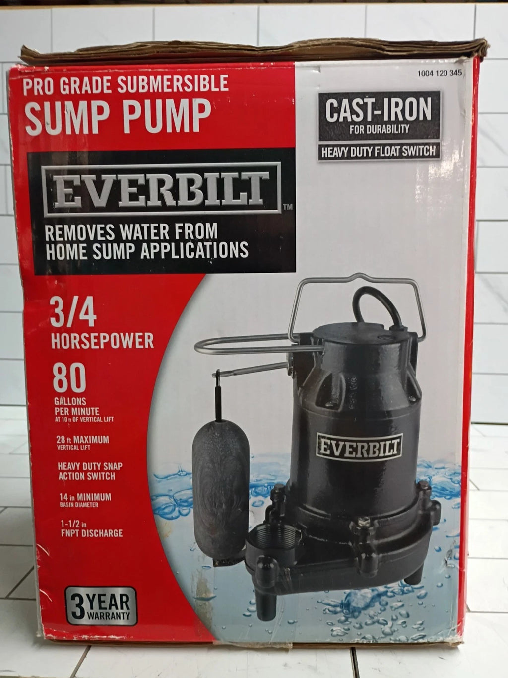 Everbilt 3/4HP Cast-Iron Pro-Grade Submersible Sump Pump 1004 120 345 OPEN BOX