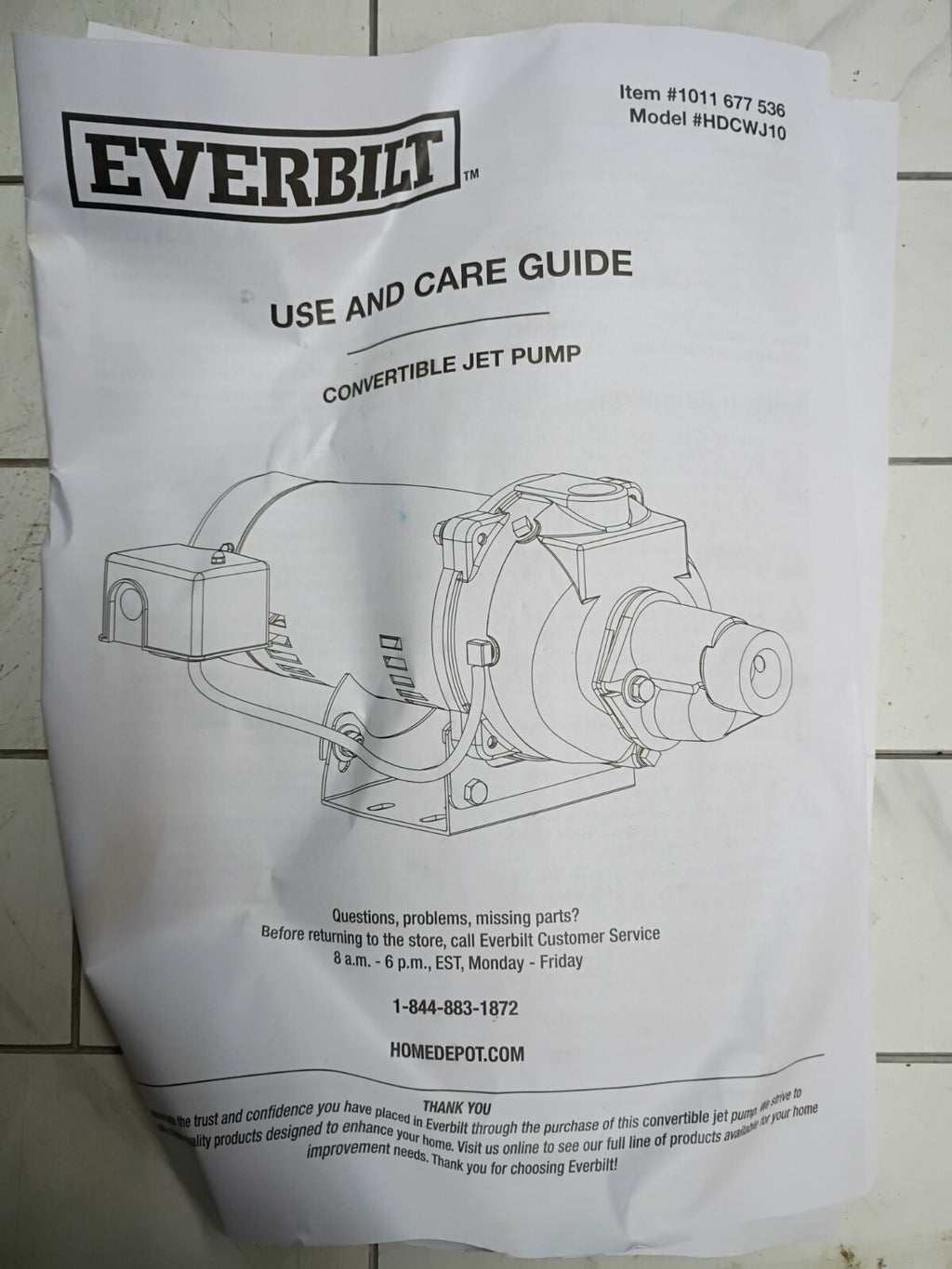 Everbilt 1 HP Professional Convertible Jet Pump. Read Description For Parts