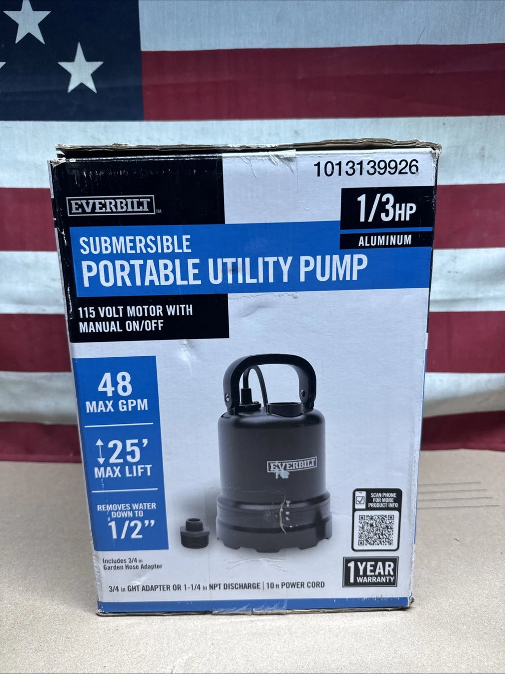 Everbilt 1/3 HP Submersible Aluminum Utility Pump Corrosion Resistant..