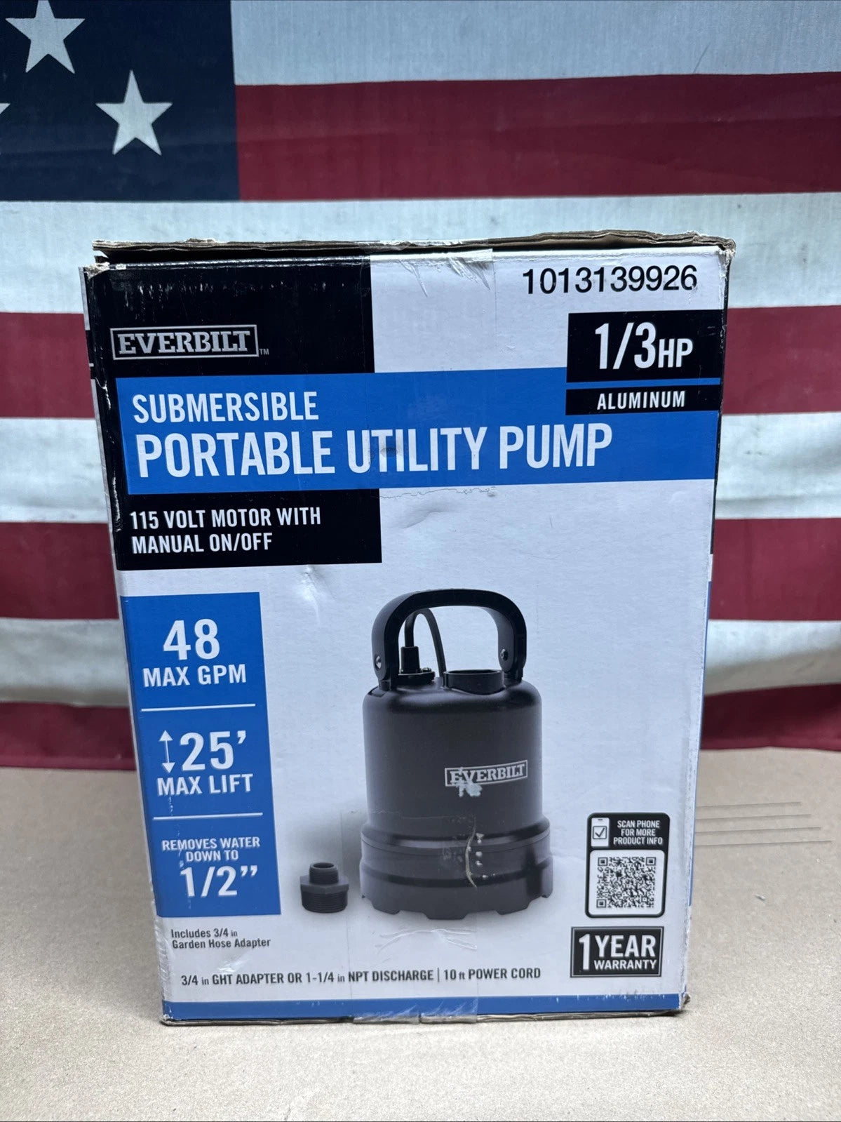 Everbilt 1/3 HP Submersible Aluminum Utility Pump Corrosion Resistant..