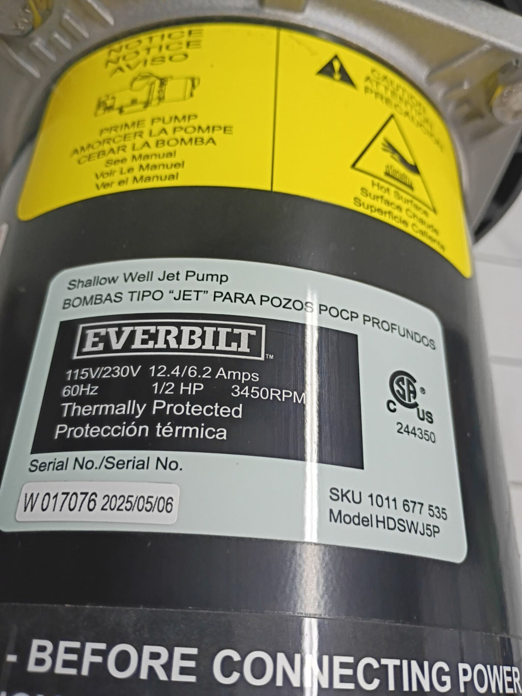 Everbilt HDSWJ5P 1/2 HP Plastic Shallow Well Jet Pump New Open Box