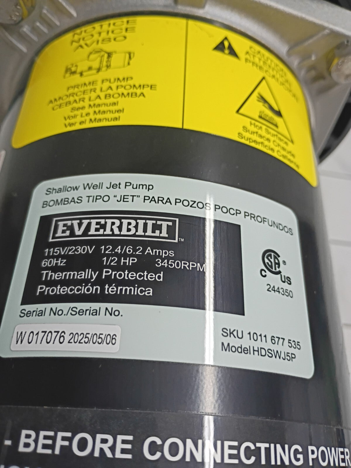 Everbilt HDSWJ5P 1/2 HP Plastic Shallow Well Jet Pump New Open Box