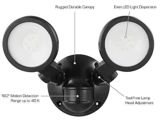Defiant 180° Black Motion Activated Outdoor Int. LED Twin Head Flood Light